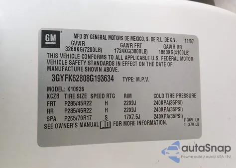 2008 Cadillac Escalade Ext Standard z USA, uszkodzony, nr VIN 3GYFK62808G193634